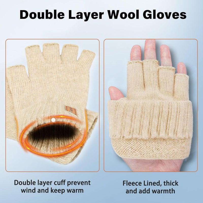 Fullsheild Merino Wool Fingerless Gloves Half Finger Wool Gloves for Men Women Winter Unisex Knit Fingerless Mittens - Image 2